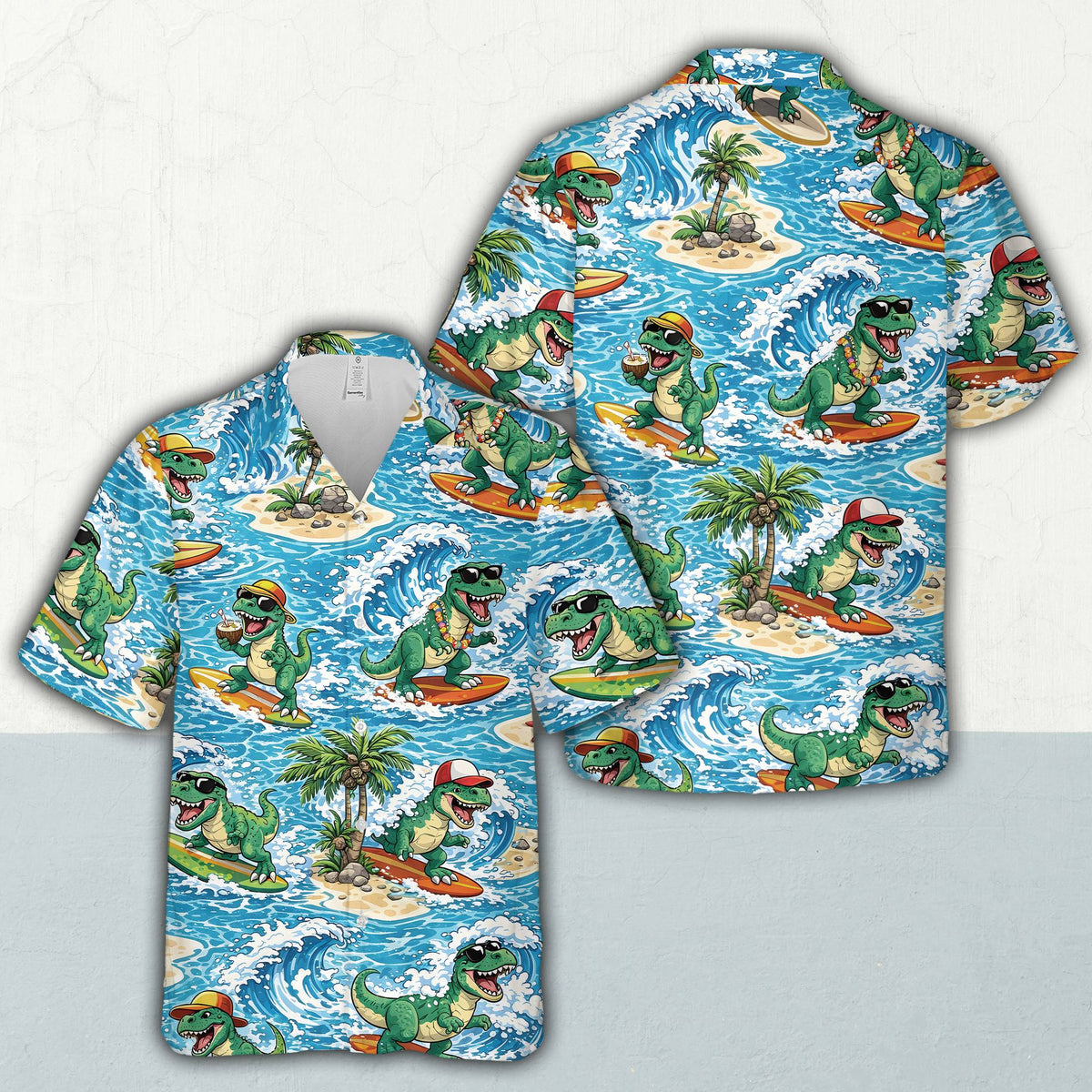 Matching family hawaiian shirts tropical dinosaur style