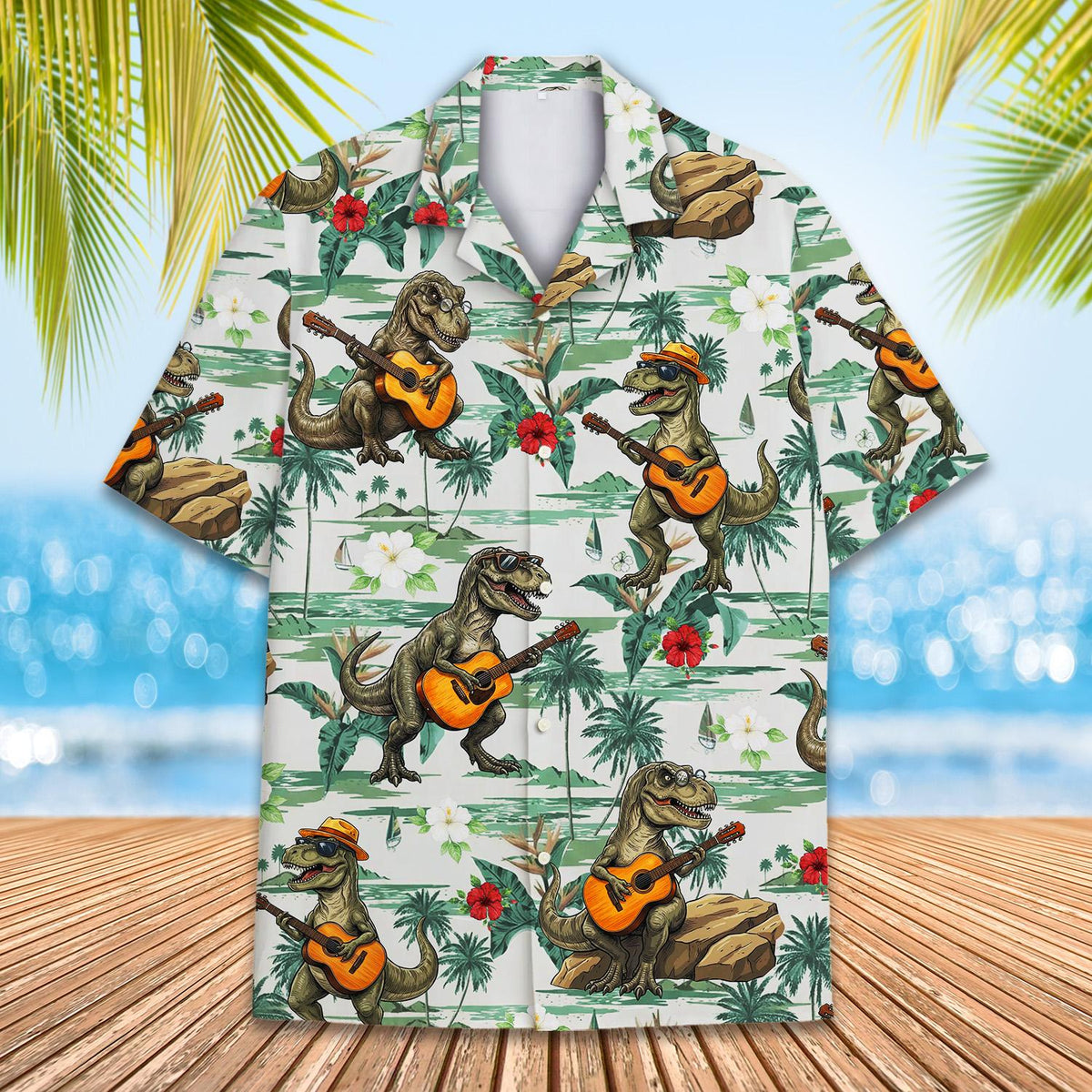 Tropical dinosaur hawaiian shirt front detail view