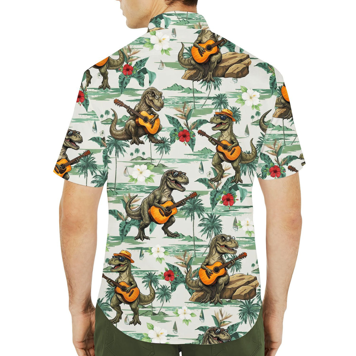 Group wearing tropical dinosaur hawaiian shirts lifestyle setting