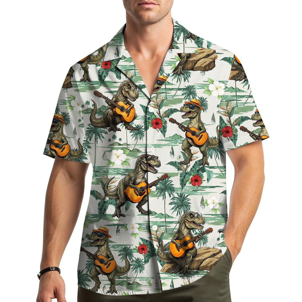 Family wearing matching tropical dinosaur hawaiian shirts lifestyle view