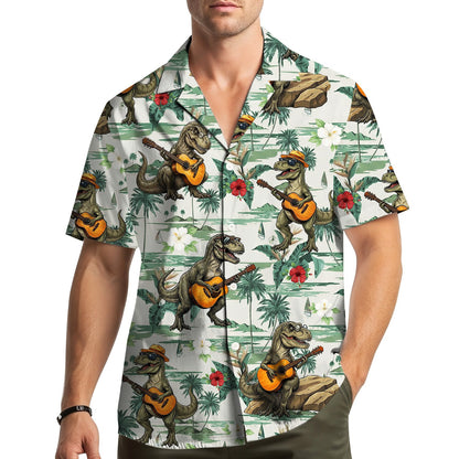 Family wearing matching tropical dinosaur hawaiian shirts lifestyle view