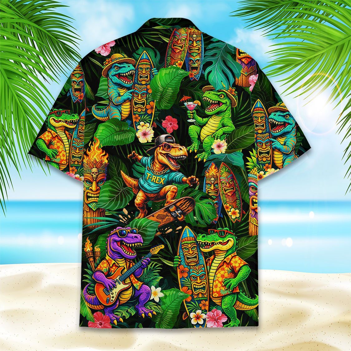 Tropical dinosaurs hawaiian shirt back view