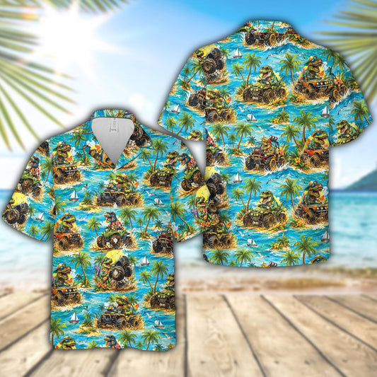 Tropical dinosaurs hawaiian shirt featuring T-Rex driving ATVs, main view