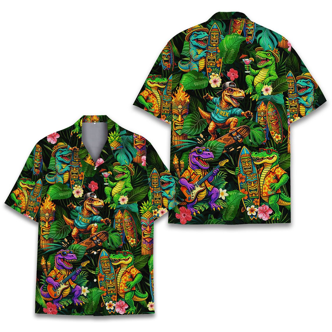 Tropical dinosaurs hawaiian shirt alternate front view