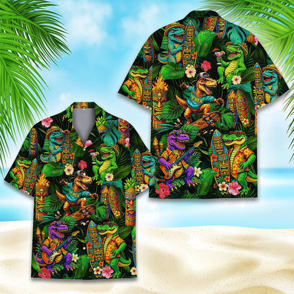 Tropical dinosaurs hawaiian shirt close front view