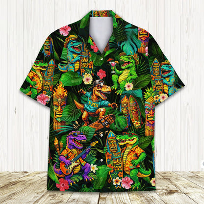Tropical dinosaurs hawaiian shirt front view