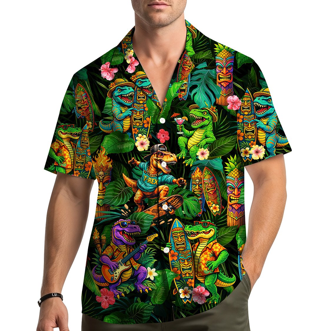 Lifestyle view of matching family hawaiian shirts with tropical dinosaurs