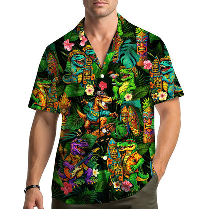 Lifestyle view of matching family hawaiian shirts with tropical dinosaurs