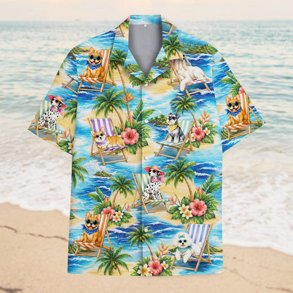 Front view of the tropical hawaiian shirt with palm trees and beach chairs