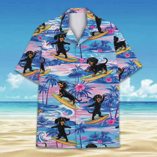 Matching family Hawaiian shirt with tropical surfing dogs print, main view