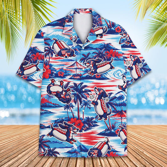 Matching family hawaiian shirts with patriotic dachshund hot dog design on a tropical beach background, main view