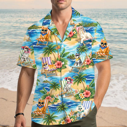 Family enjoying summer vacation in matching tropical hawaiian shirts