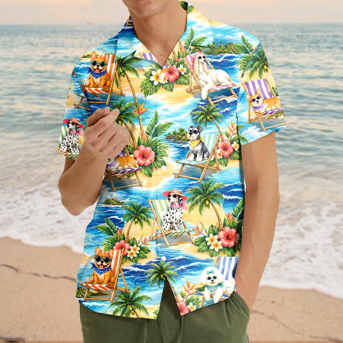Group wearing matching family hawaiian shirts on a sunny day