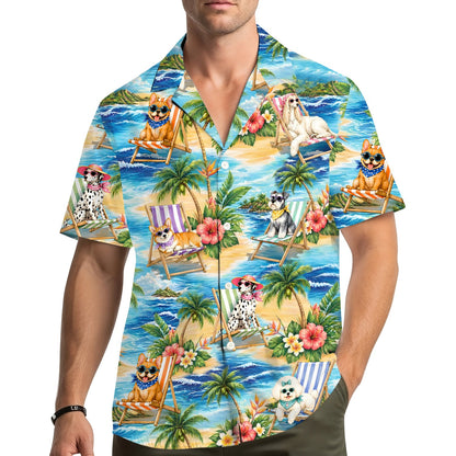 Lifestyle image of a family wearing the matching family hawaiian shirts outdoors