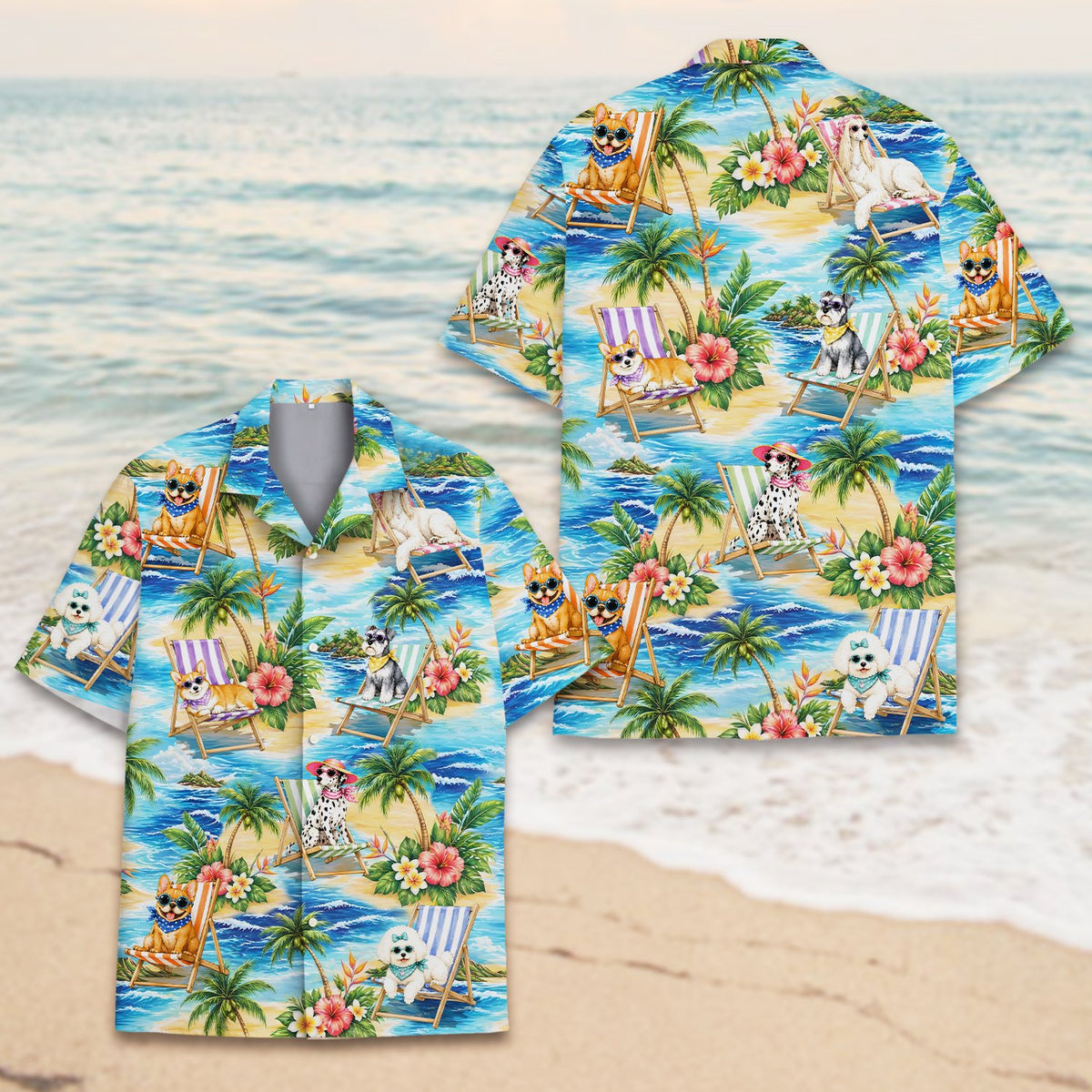 Folded view of the beach hawaiian shirt showcasing the vibrant blue, yellow, and green colors