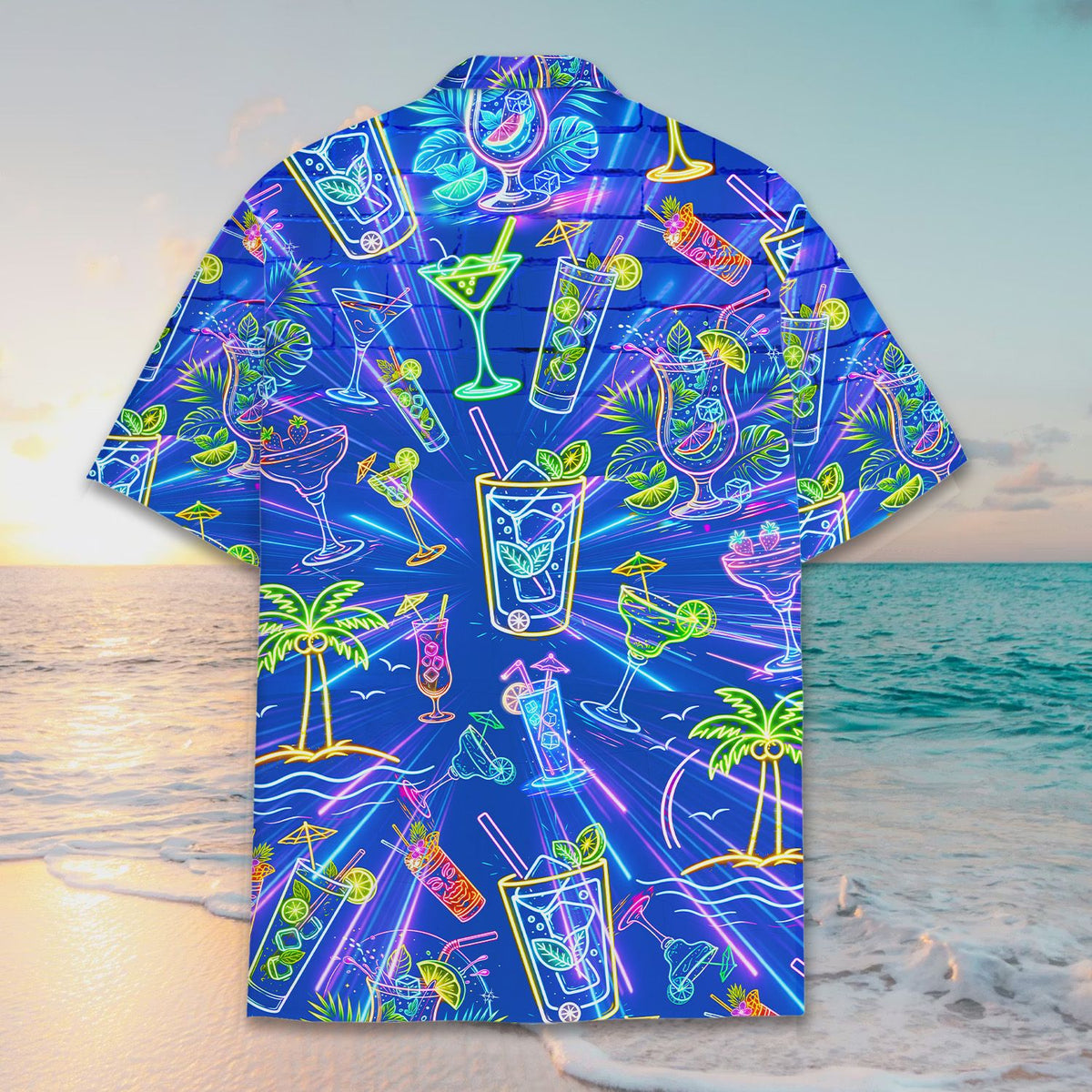 Back view detail of tropical drinks hawaiian shirt with bright neon glowing print