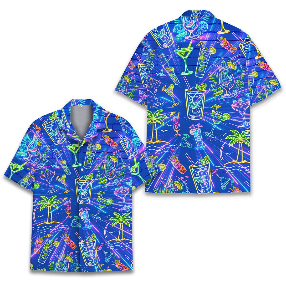 Adult tropical drinks hawaiian shirt with neon cocktails on blue background, back view
