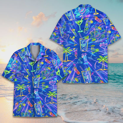 Adult hawaiian shirt displaying bright neon drink outlines on blue, front view