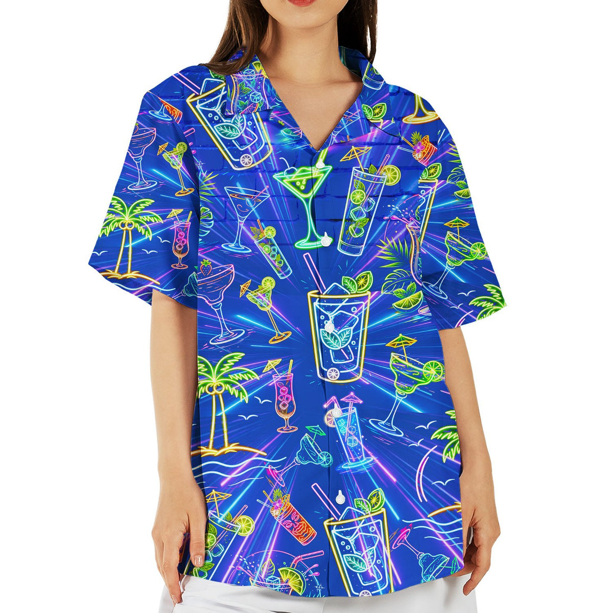Close-up of tropical drinks hawaiian shirt featuring neon green and pink cocktails