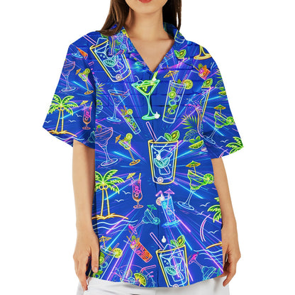 Close-up of tropical drinks hawaiian shirt featuring neon green and pink cocktails