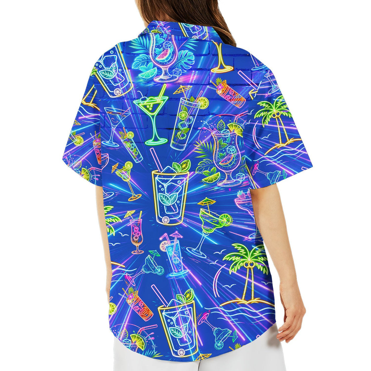 Detail view of tropical drinks hawaiian shirt with palm tree and martini glass neon print