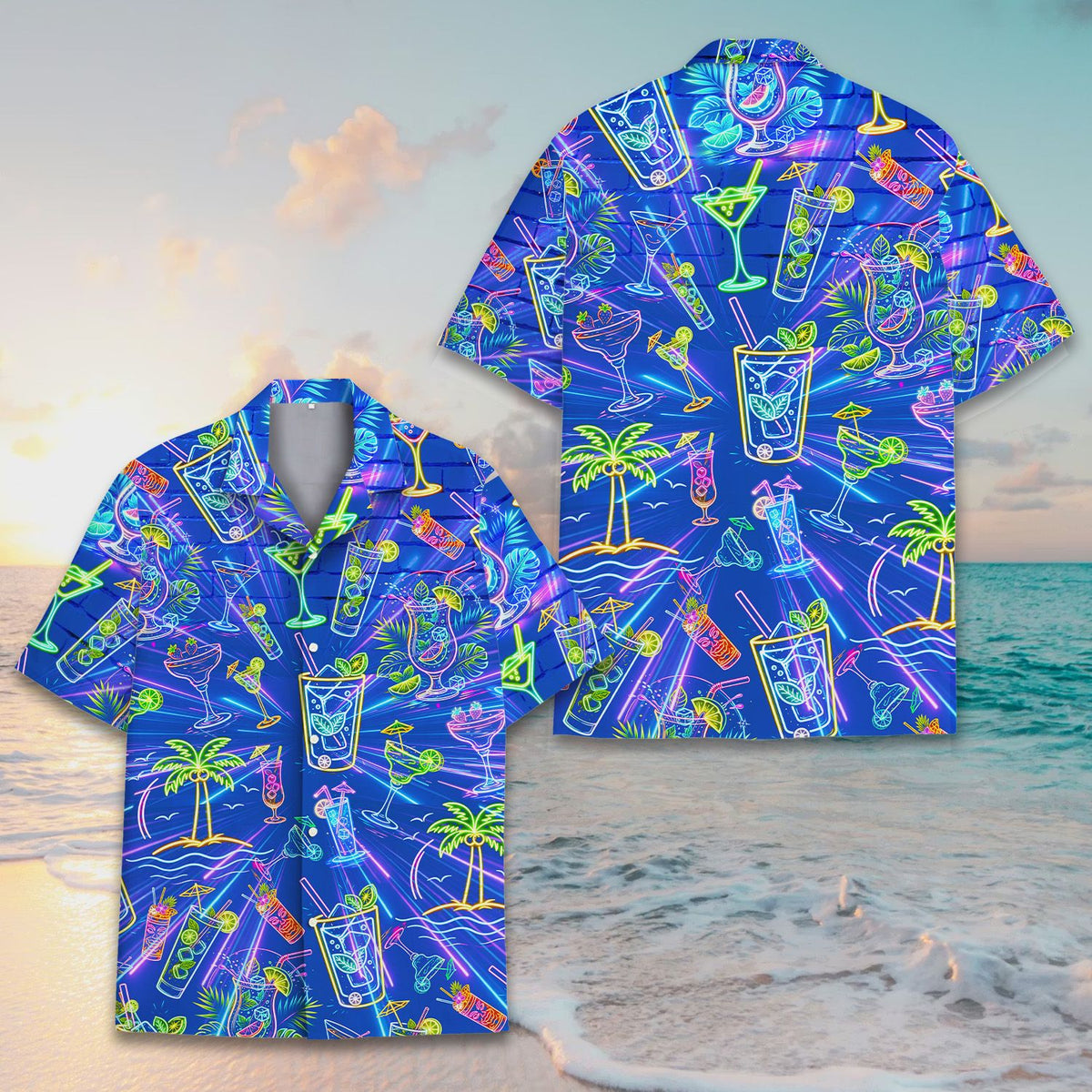 Tropical drinks hawaiian shirt front showing neon outlines on a subtle brick texture