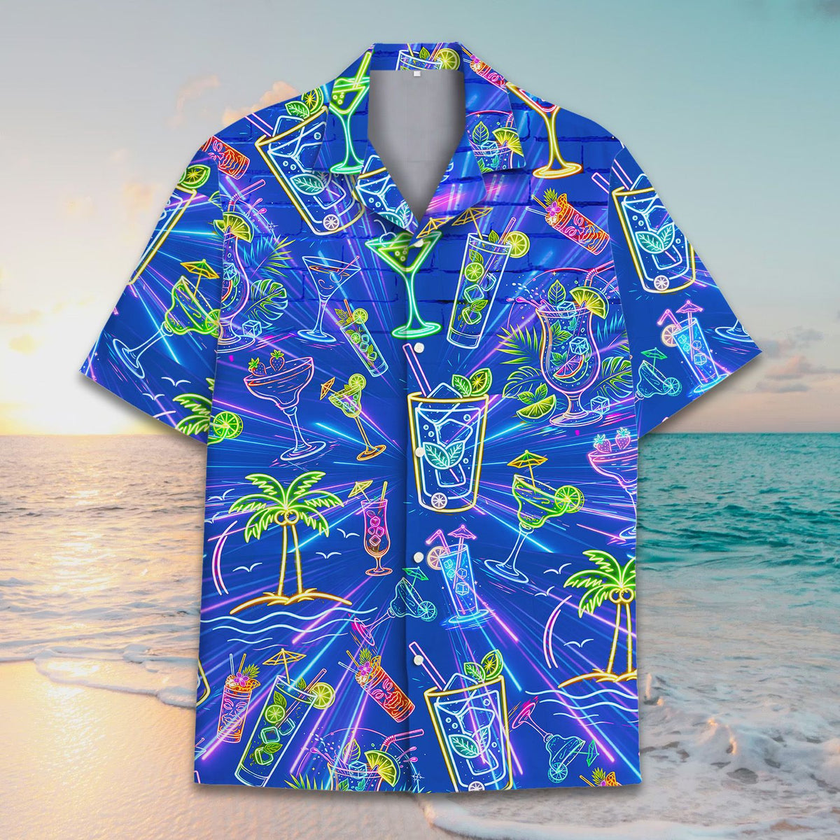 Tropical drinks hawaiian shirt with neon cocktail design, front view detail