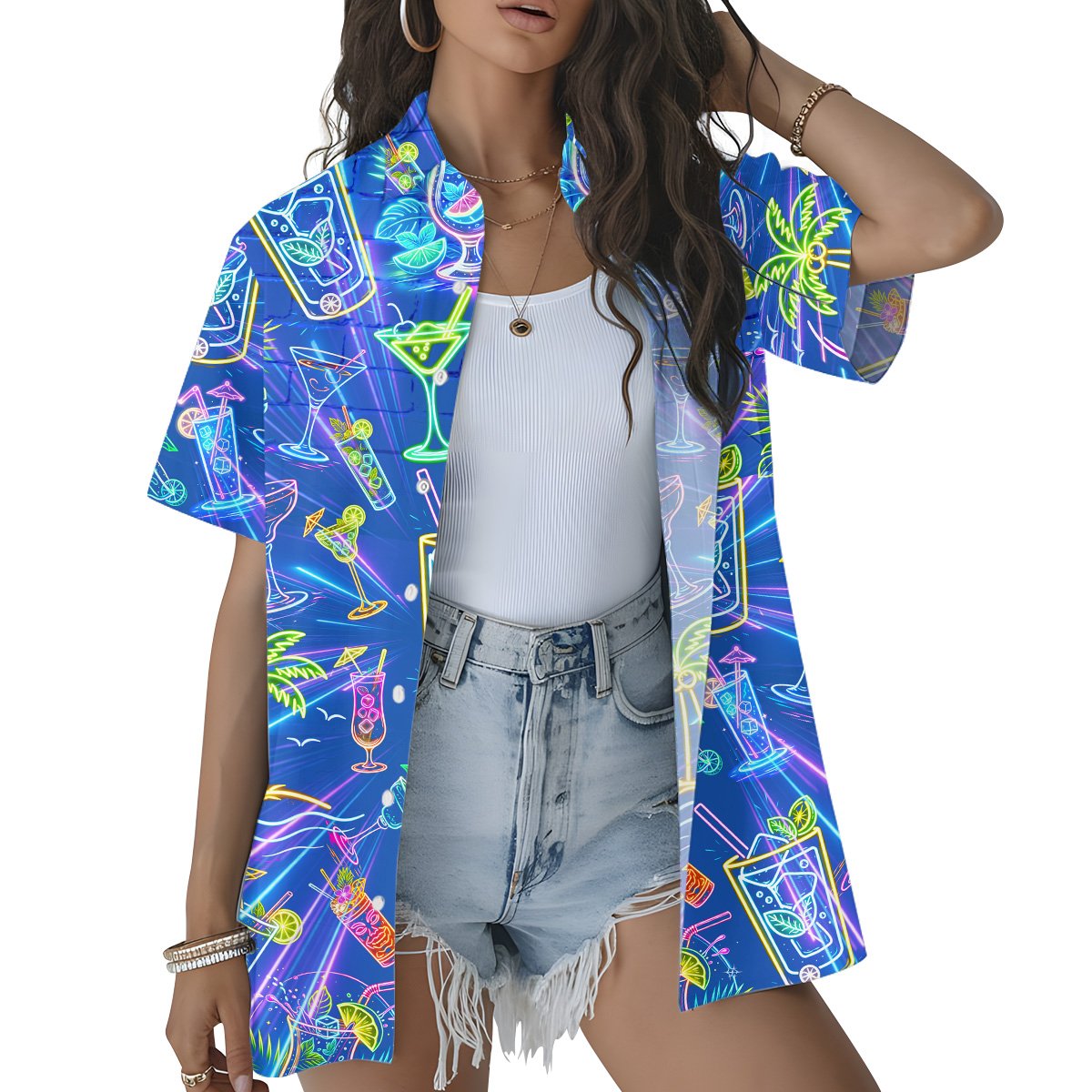 Person wearing a tropical drinks hawaiian shirt with neon cocktail print, lifestyle setting