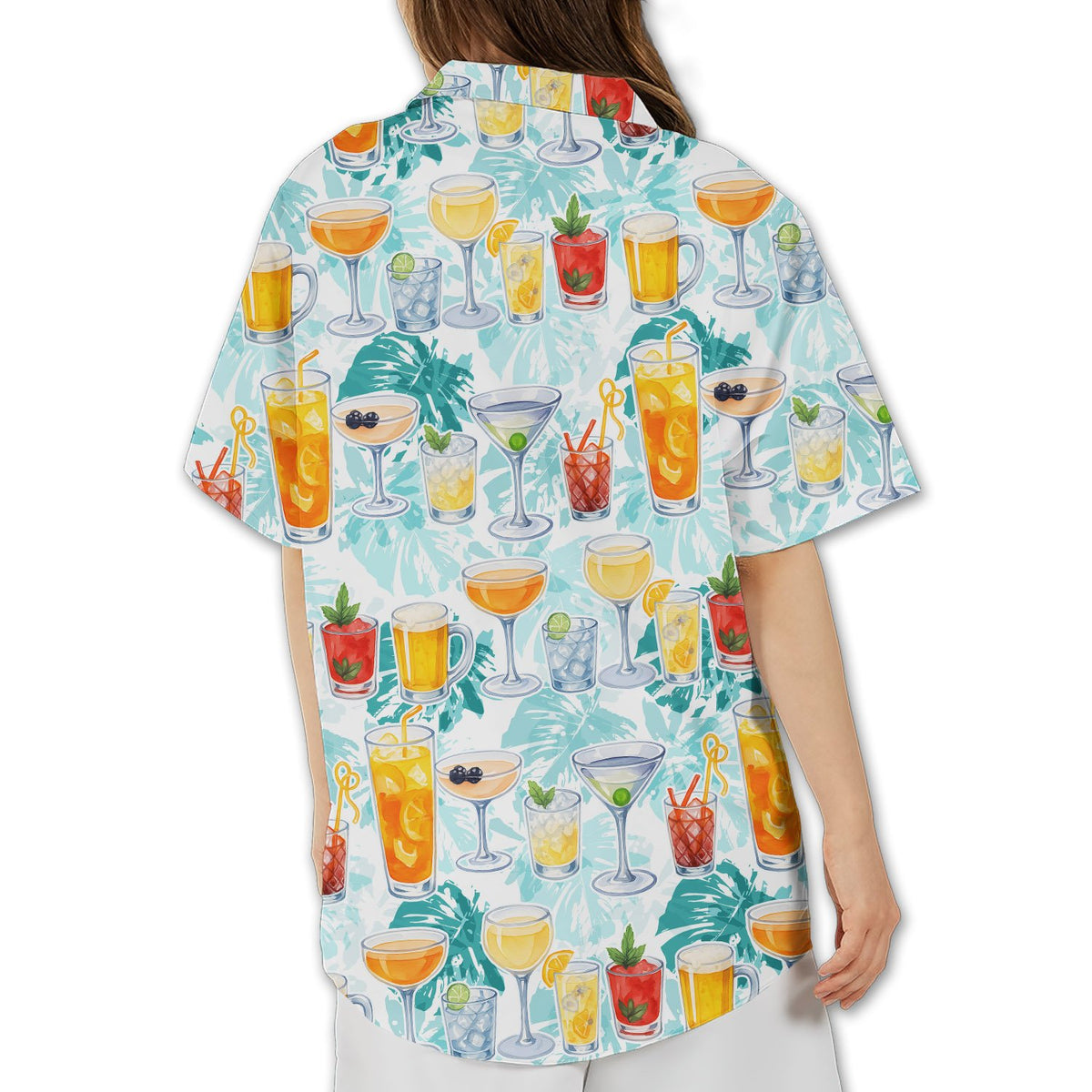 Back view of the tropical drinks hawaiian shirt showing the cocktail print