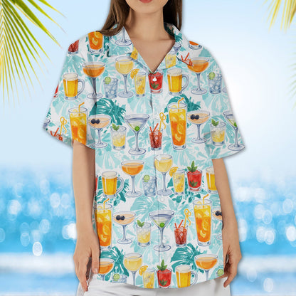 Front view of the tropical drinks hawaiian shirt on a white background