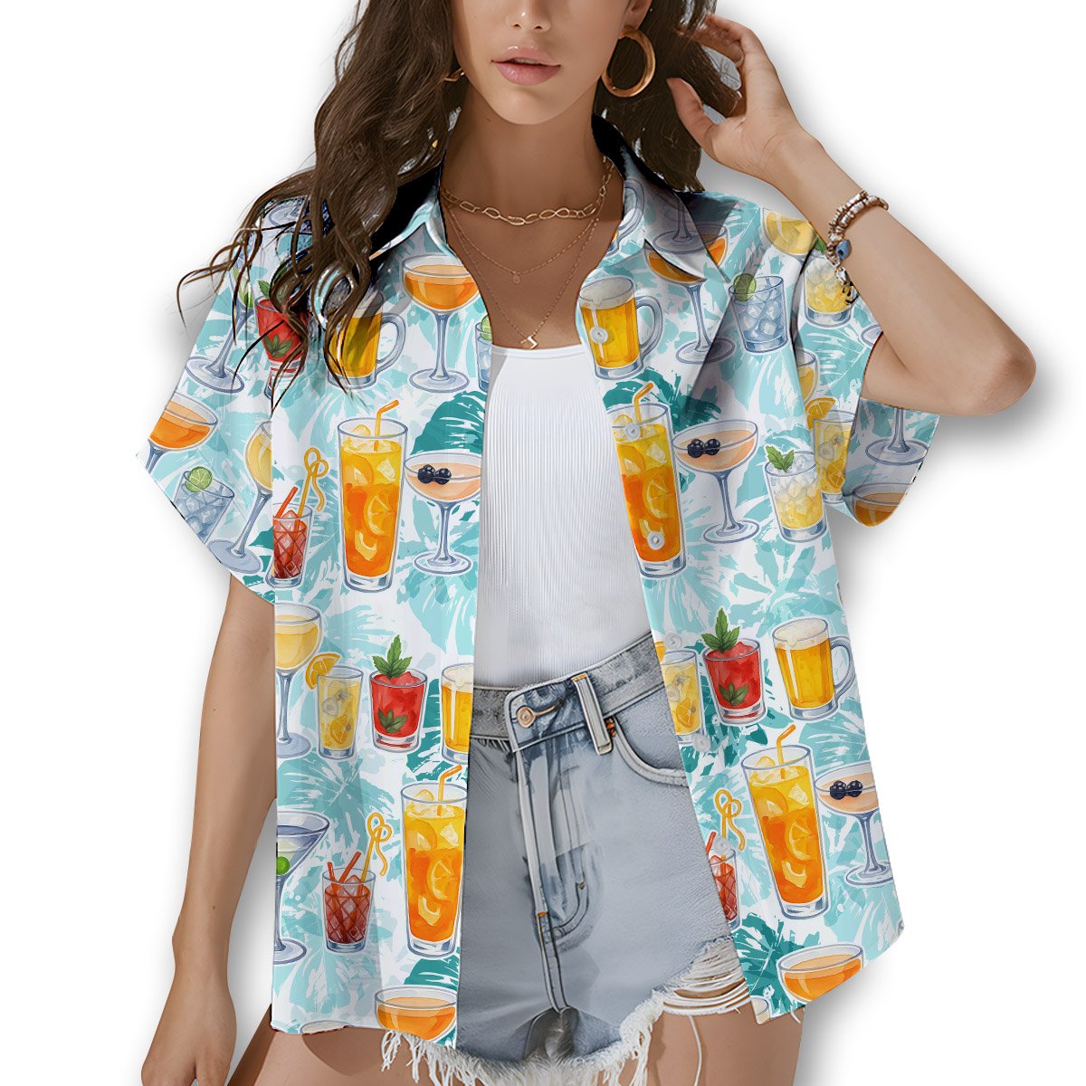 Lifestyle view showing the tropical drinks hawaiian shirt worn outdoors