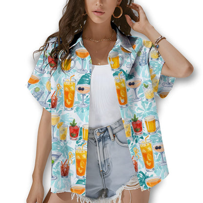 Lifestyle view showing the tropical drinks hawaiian shirt worn outdoors