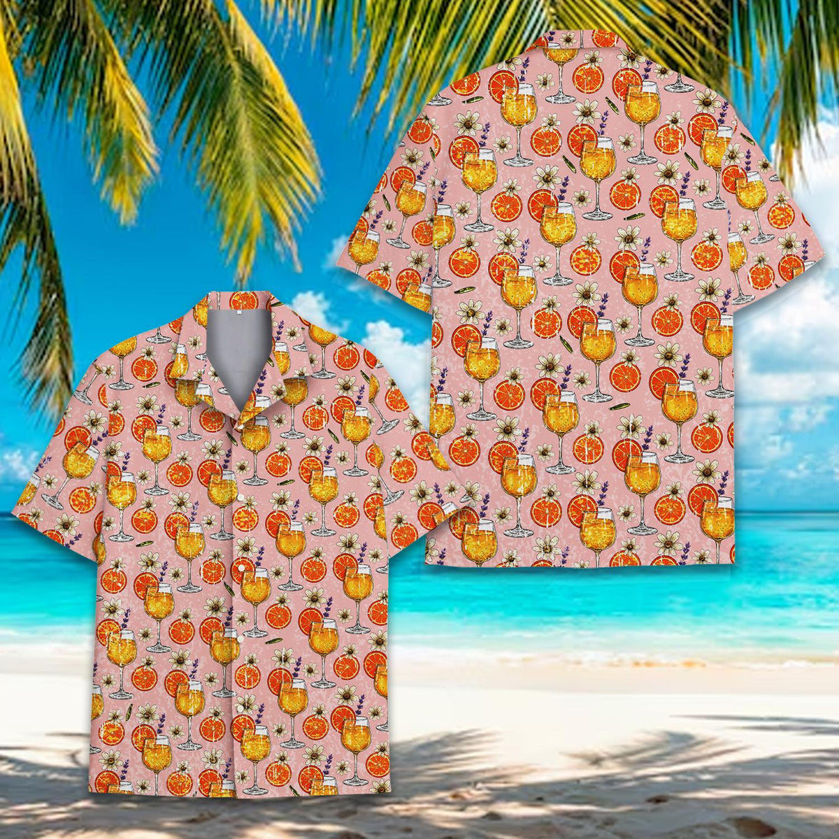 Front view showing the pink tropical hawaiian shirt pattern