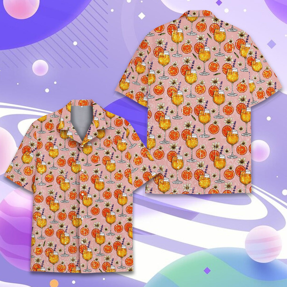 Close up front view of the cocktail print hawaiian shirt