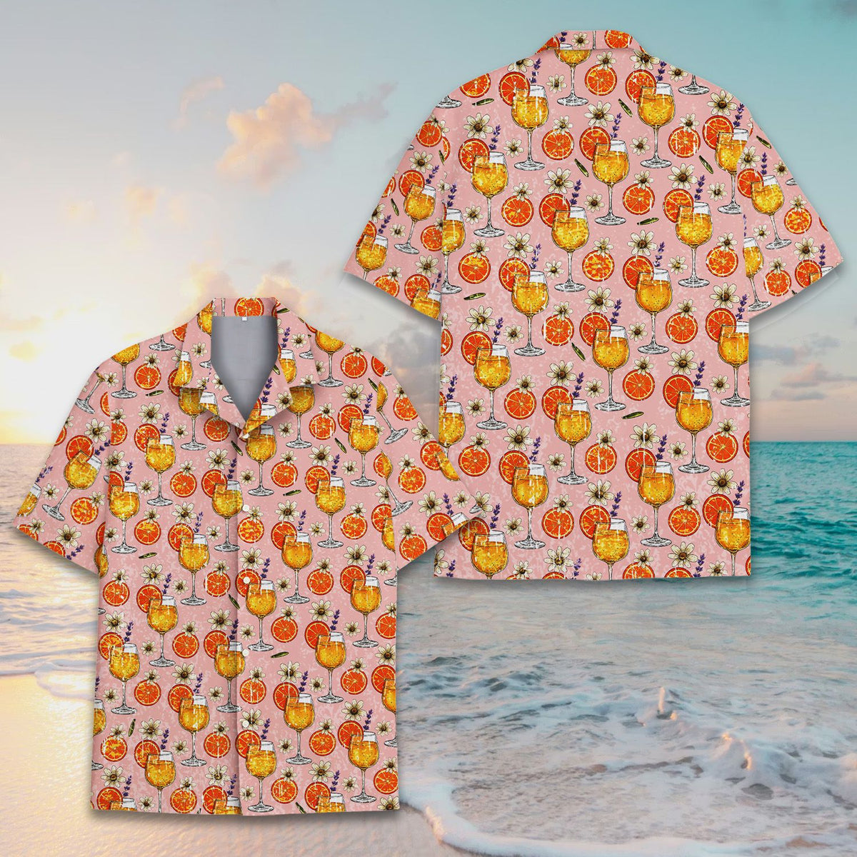 Detailed front view of the tropical drinks hawaiian shirt