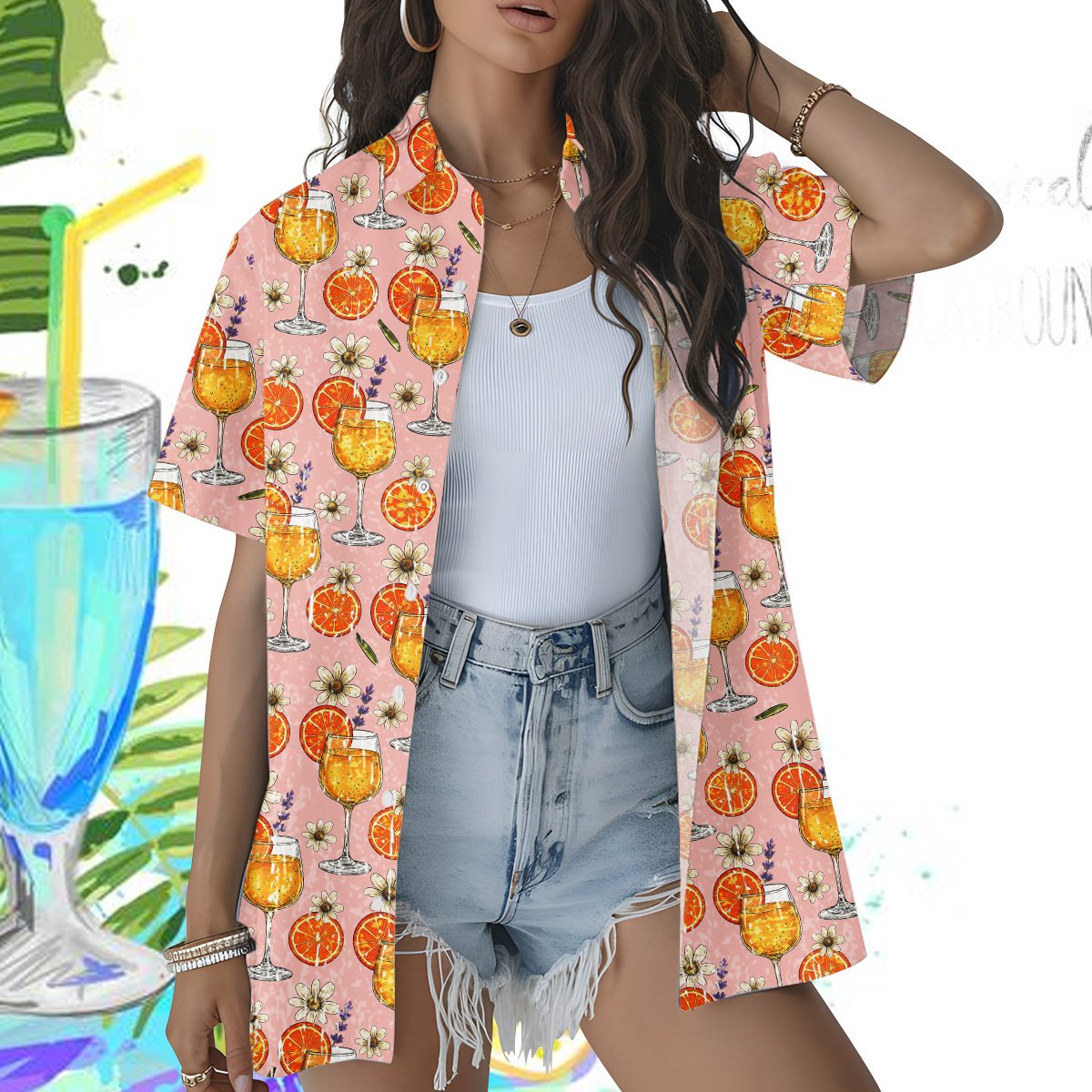 Third lifestyle view showing the pink tropical hawaiian shirt in summer