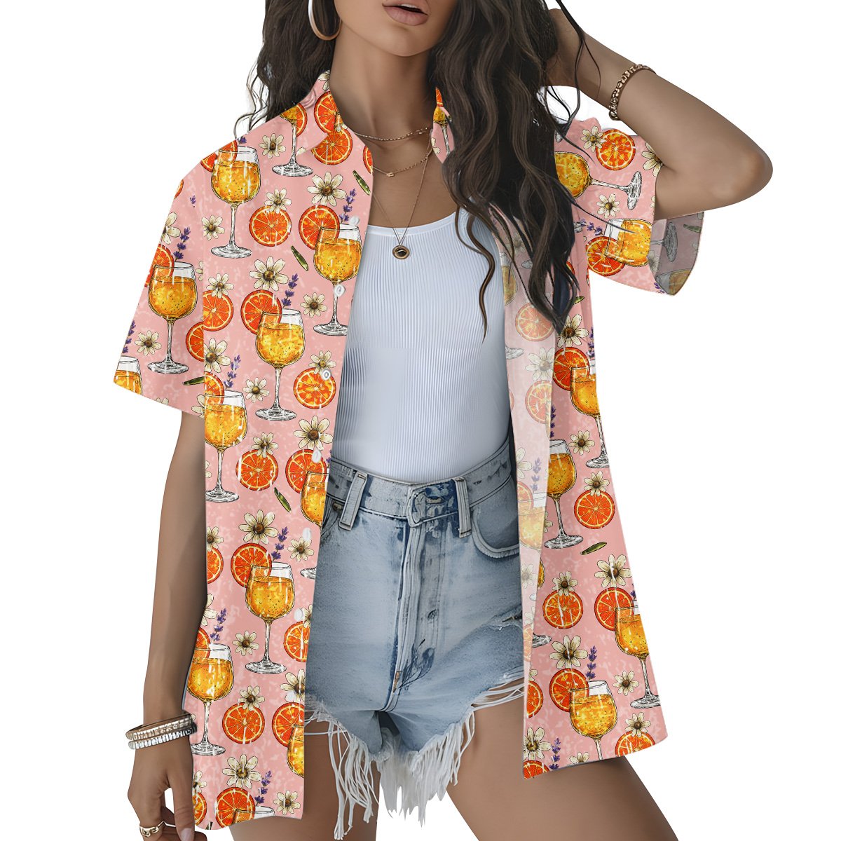 Fourth lifestyle view of the tropical drinks patterned shirt
