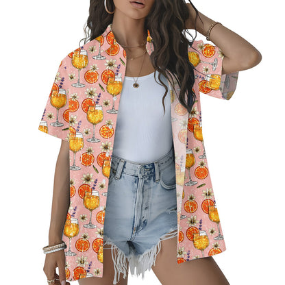 Fourth lifestyle view of the tropical drinks patterned shirt