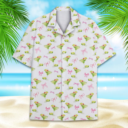 Detailed front view of the white hawaiian shirt with green margaritas