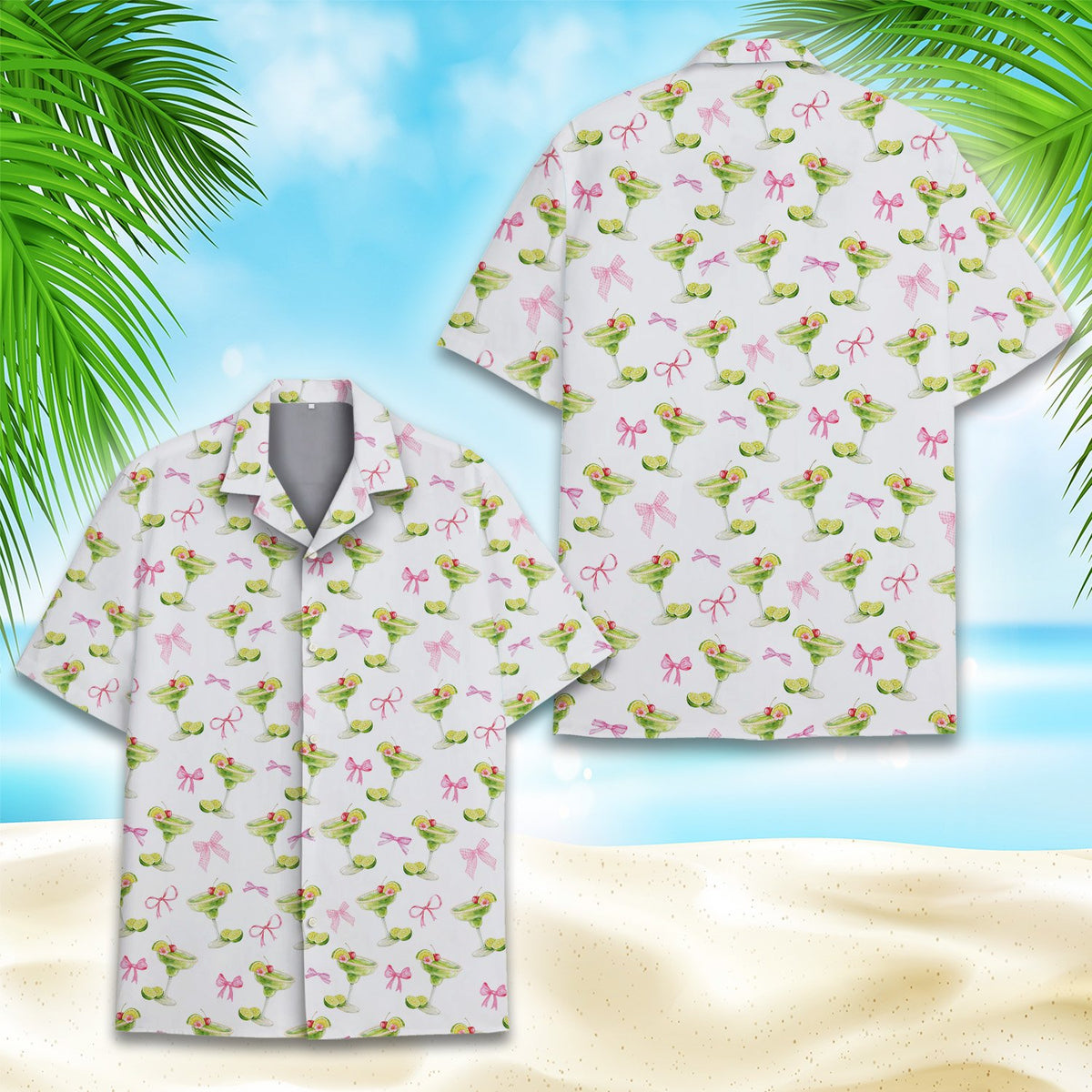Another front view of the family matching hawaiian shirt with pink bows