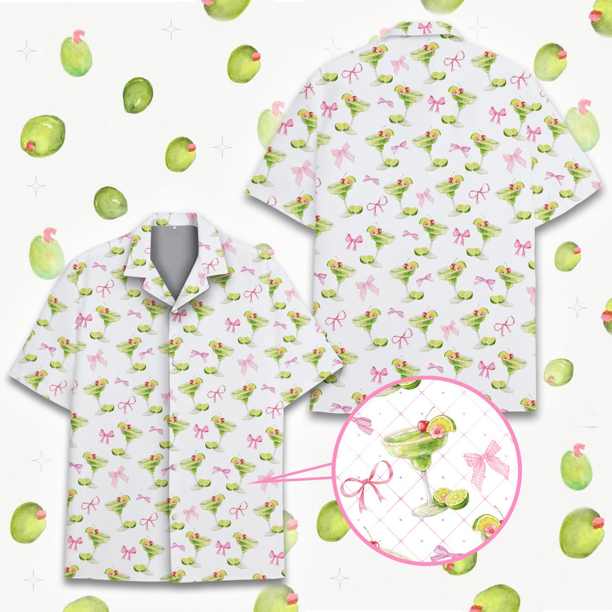 Styled front view of the tropical drinks patterned hawaiian shirt