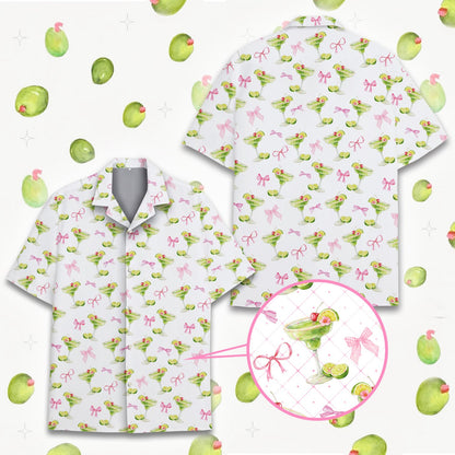 Styled front view of the tropical drinks patterned hawaiian shirt