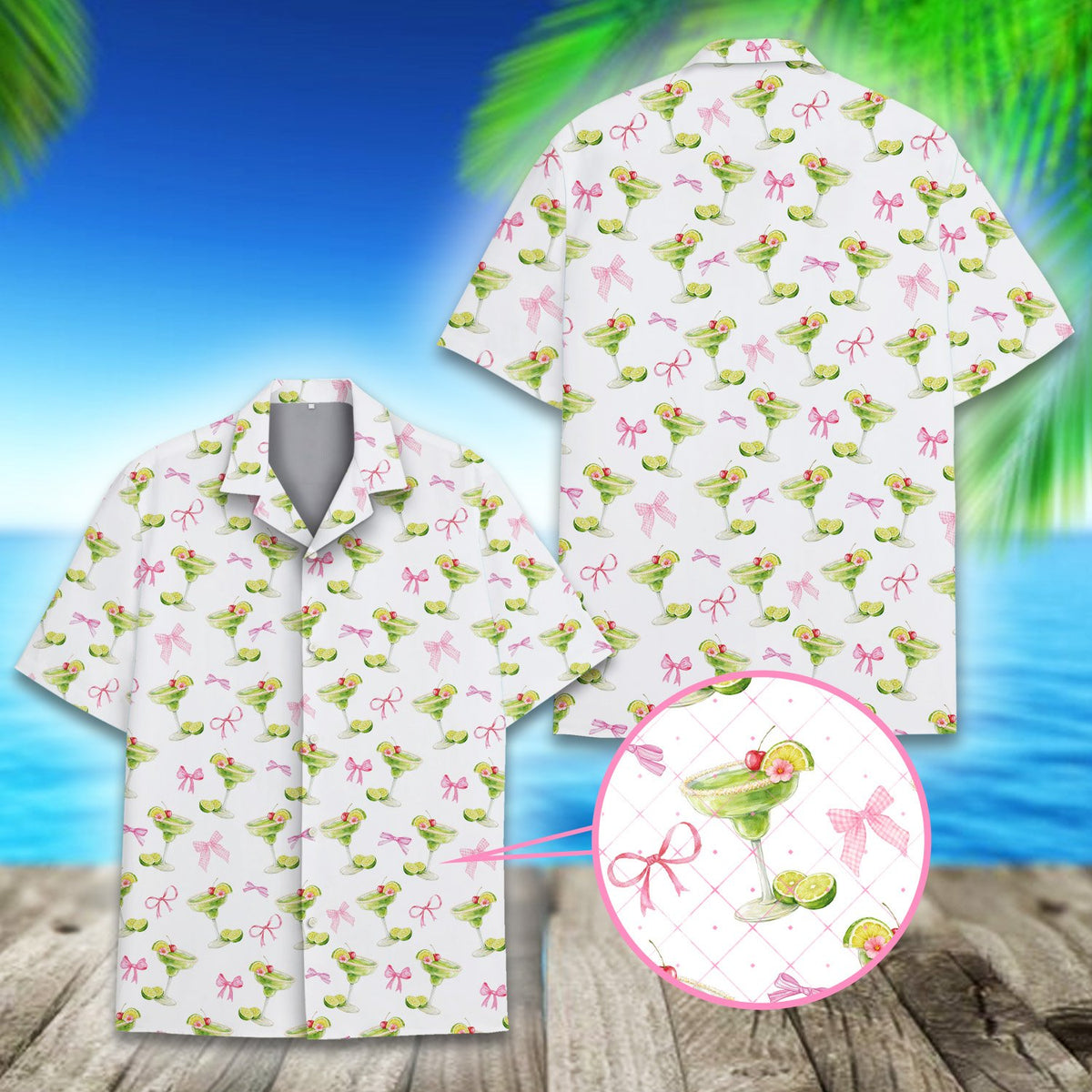Close-up front view of the abstract margarita pattern on the hawaiian shirt
