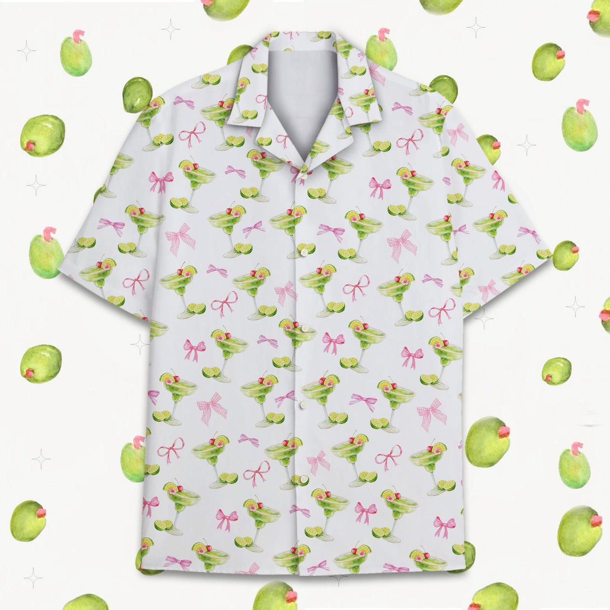 Matching family hawaiian shirts featuring a tropical drinks and pink bows pattern on white