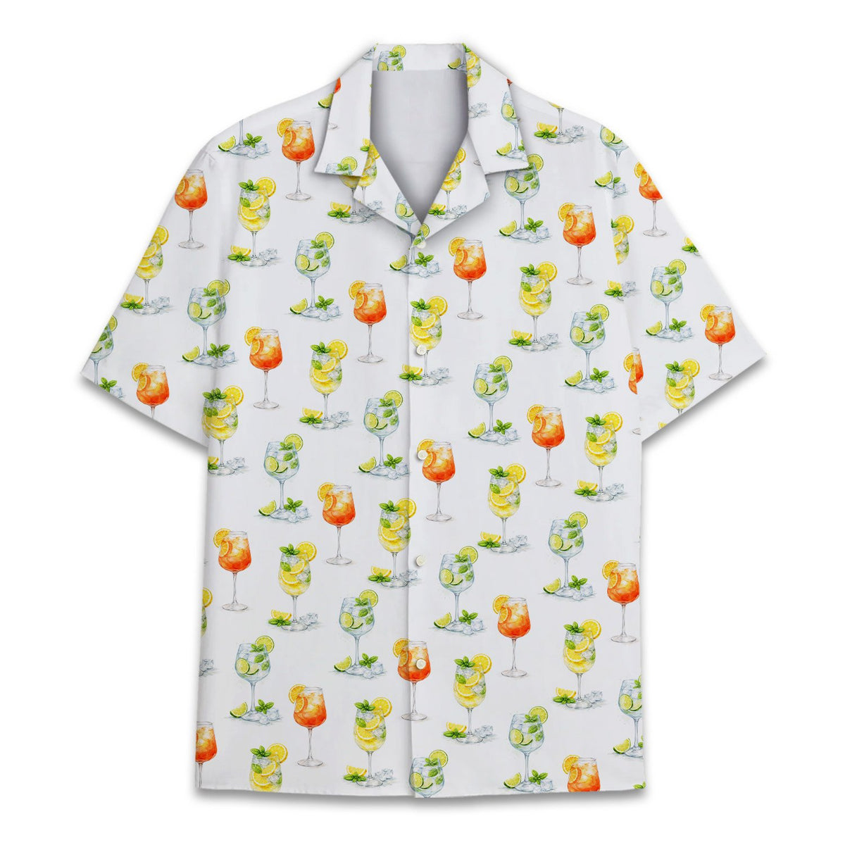 Tropical drinks hawaiian shirt featuring watercolor cocktails on a white background, main view