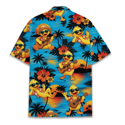 Back view of the tropical duck hawaiian shirt showing island silhouettes