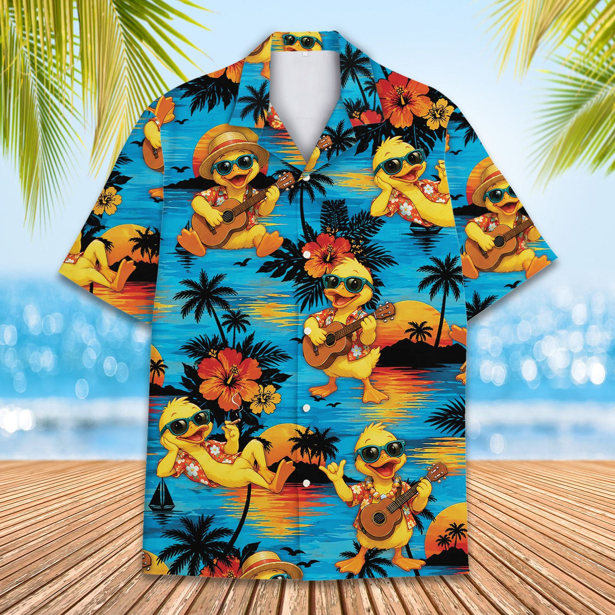 Close up front view of the tropical sunset duck pattern hawaiian shirt