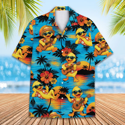 Close up front view of the tropical sunset duck pattern hawaiian shirt