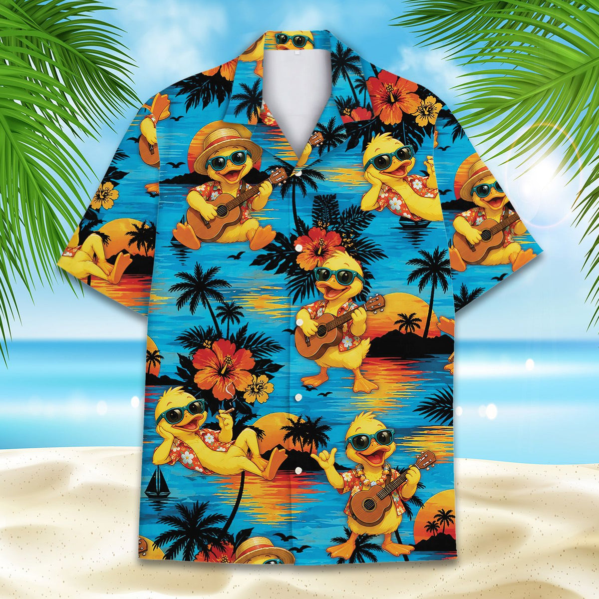Detailed front view showing hibiscus flowers and sunglasses ducks on hawaiian shirt