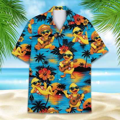 Detailed front view showing hibiscus flowers and sunglasses ducks on hawaiian shirt